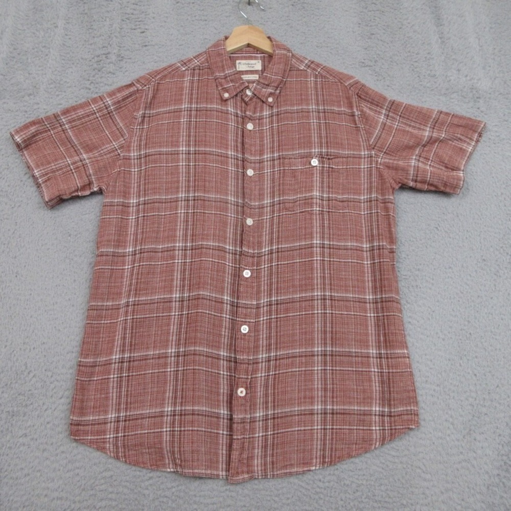 Weatherproof Vintage Shirt Men M Red Linen Blend Plaid Lightweight Coastal